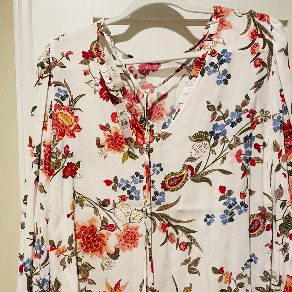 Loft vibrant flower Blouse long sleeve cardinal print size S Boho Festival - Picture 2 of 4